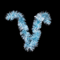 Fototapeta premium Festive alphabet made of blue tinsel. Letter V on black background. Isolated