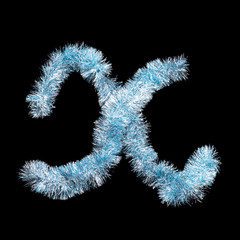 Festive alphabet made of blue tinsel. Letter X on black background. Isolated