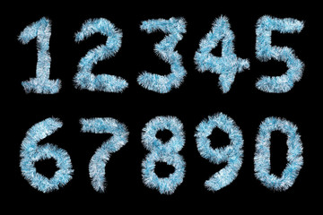 Set of numbers made of blue tinsel on a black background. Isolated