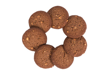 Chocolate cashew nut butter cookies stack flower shape, isolated