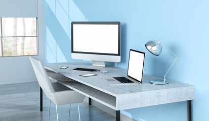 Fototapeta premium Modern desktop interior with blank screen devices 3D rendering
