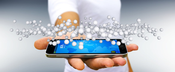 Businessman holding abstract connection interface over phone 3D