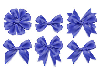 Vector 3d realistic ribbon shaped blue bows set. isolated background