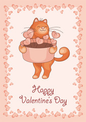 Greeting card happy Valentine's day. The image of the big red cat and hearts.