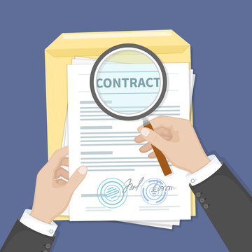 Contract inspection concept. Hands holding magnifying glass over a contract. Contract with signatures and seals. Research documents.