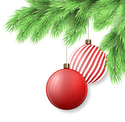 Realistic fir tree branch and Christmas decorations on white background. Can be used as a background or greeting card for holidays - New Year, Christmas etc. Vector illustration.