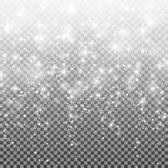 Falling snow on a transparent background. Vector illustration 10 EPS. Abstract white glitter snowflake background. Vector magic Christmas eve snowfall.