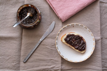 Glass Jar with Jam And Toast With Confiture.