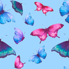 Watercolor butterfly seamless pattern. Hand drawn summer texture with various multicolor butterflies on blue background. Repeating wallpaper design
