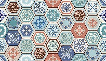 Wektor wzór orientalny. Realistyczne Vintage Marokańskie, portugalskie płytki sześciokątne. Tle mozaiki. Efekt grunge można usunąć - 131075281