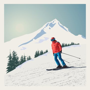 Vector winter poster, background. Advanced skier slides down the mountain