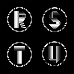 Capital letters R, S, T, U . From white stripe in a black circle. Overlapping with shadows. Logo, monogram, emblem trendy design.