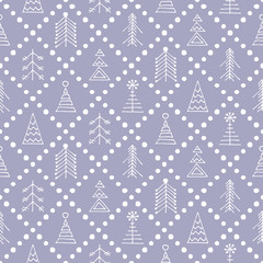 Seamless vector pattern with fir-trees, snowflakes. Blue seasonal winter background with cute hand drawn fir trees Graphic illustration. Series of winter seamless vector patterns.