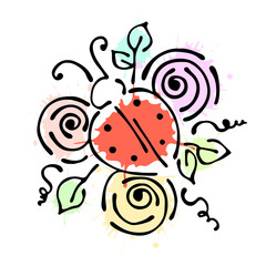 Vector floral illustration with insect Ladybug with flowers, leaves, decorative elements isolated on the white background Hand drawn contour lines and strokes Doodle style, graphic vector illustration
