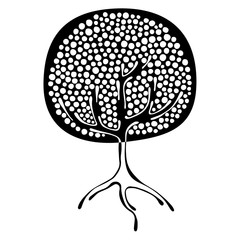 Vector hand drawn illustration, decorative ornamental stylized tree. Black and white graphic illustration isolated on the white background. Inc drawing silhouette. Decorative artistic ornamental wood