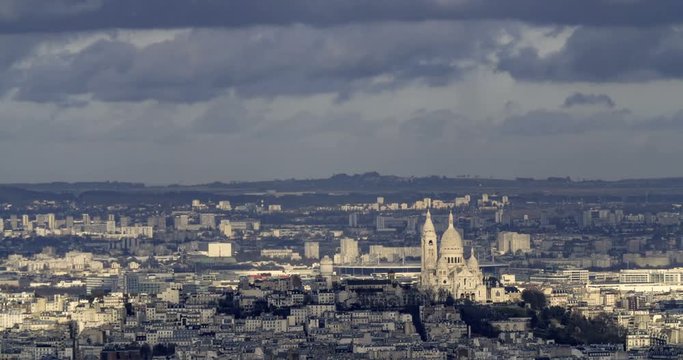 Aerial panning time lapse view of the Sacre Coeur in Montmartre in Paris