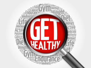 Get Healthy word cloud with magnifying glass, health concept 3D illustration