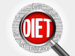 DIET word cloud with magnifying glass, health concept 3D illustration