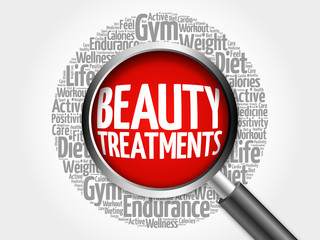 Beauty Treatments word cloud with magnifying glass, health concept 3D illustration