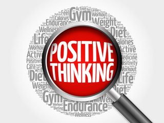 Positive thinking word cloud with magnifying glass, health concept 3D illustration
