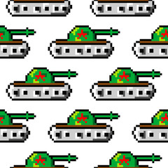 Pixel art vector objects to create Fashion seamless pattern. Background with tanks for boys. trendy 80s-90s style, computer game 