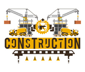 Construction site. Crane lifting concrete slabs. Lettering on the isolated background. Concrete mixer. Construction machinery. Logo building tools. Unfinished house. Vector illustration. Flat style