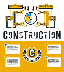 Vector illustration infographic on the construction site. Diagram surrounded by robotic arms. Lettering on the isolated background.