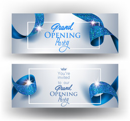 Elegant grand opening invitation cards with blue textured curled gold ribbon