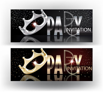 Elegant party banners with gold and silver shiny letters and crowns