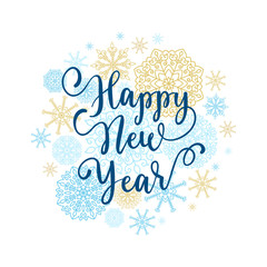 Happy New Year greeting card. Vector winter holiday background with hand lettering calligraphy, snowflakes, falling snow, seamless patterns.
