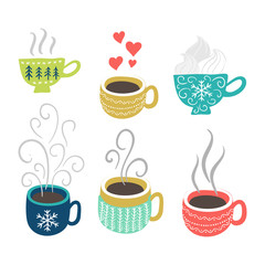 Hot tea, coffee cups set. Vector winter holidays elements.