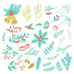 Christmas branches set. Vector winter holidays mistletoe, poinsettia, berry, elements.