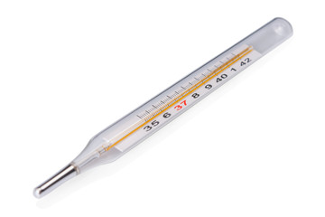 Traditional thermometer with focus on high fever temperature isolated on white background.