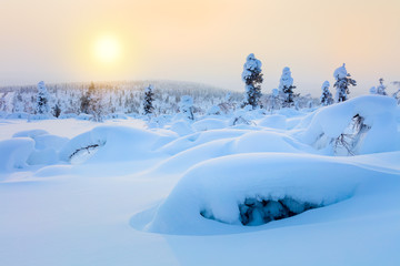 Polar Sunny Winter Landscape -  sparkling snow and big snowbanks