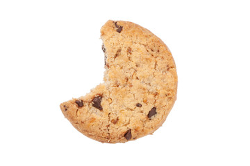Bitten chocolate chip cookie isolated on white background.