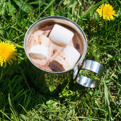 Metal touristic mug of cocoa with marshmallow among green grass. Nature and tourism concept.