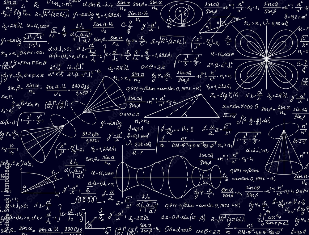 Wall mural mathematical scientific vector seamless texture with handwritten plots and formulas, physical calcul