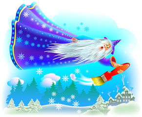 Fantasy illustration of wizard flying in the fairyland sky and coloring the winter forest with snow. Vector cartoon image.