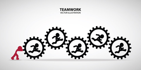 Business Teamwork Push-Conceptual Illustration of group of businessmen on top of cogs.