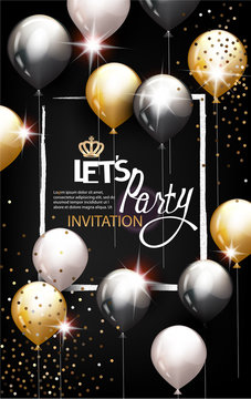 VIP INVITATION BACKGROUND WITH FRAME, AIR BALLOONS AND CONFETTI. VECTOR ILLUSTRATION