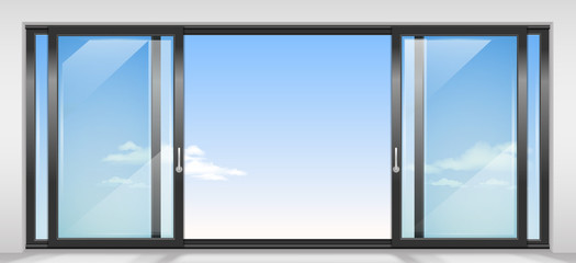 Fototapeta premium Modern wide sliding door with transparent glass. Vector graphics. The interior of the room.
