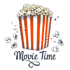 Vector illustration with sketch popcorn bucket. Cinema snack. Hand drawn fast food. Movie Time poster. - obrazy, fototapety, plakaty