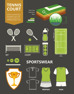 Tennis. Vector logo of icons. Sports objects. Simple elements and symbols for your design on black background.