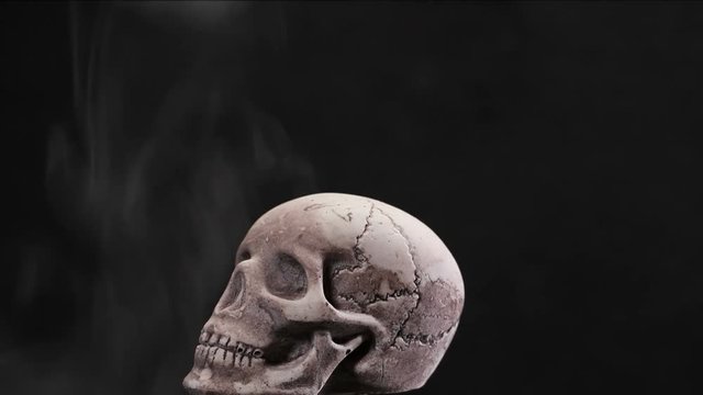 Human skull in loop rotation with white smoke