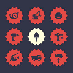 Obraz premium construction icons set, trowel, drill, paint roller, excavator, digger, truck, crane, tape measure
