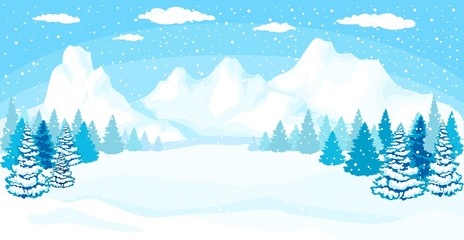 Fototapeta na wymiar Beautiful Christmas winter flat landscape background. Christmas forest woods with mountains. New Year vector greeting card