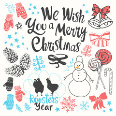 Christmas vector illustration set in sketch style on white background. Beautiful new year funny symbols: pine branch, Santa's cap, snowman, cone, snowflakes, candy balls and holiday lettering.