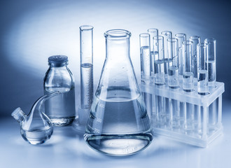 Different laboratory beakers and glassware.