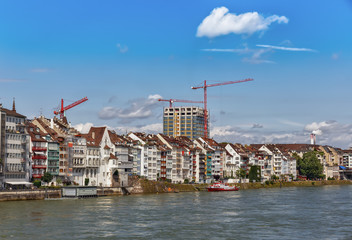 .Lovely panoramic view of the embankment of the river Rhine in the Swiss city of Basel.