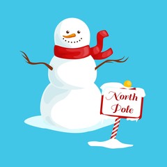 Vector Christmas illustration white snowman with a North Pole sign 